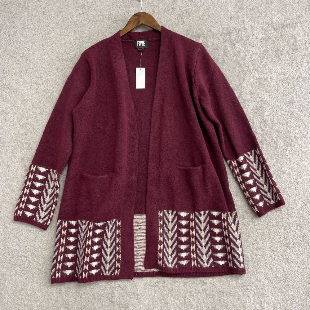 Frye Women's L Burgundy Open Front Cardigan Sweater Aztec Pattern N0531 - Picture 5 of 12